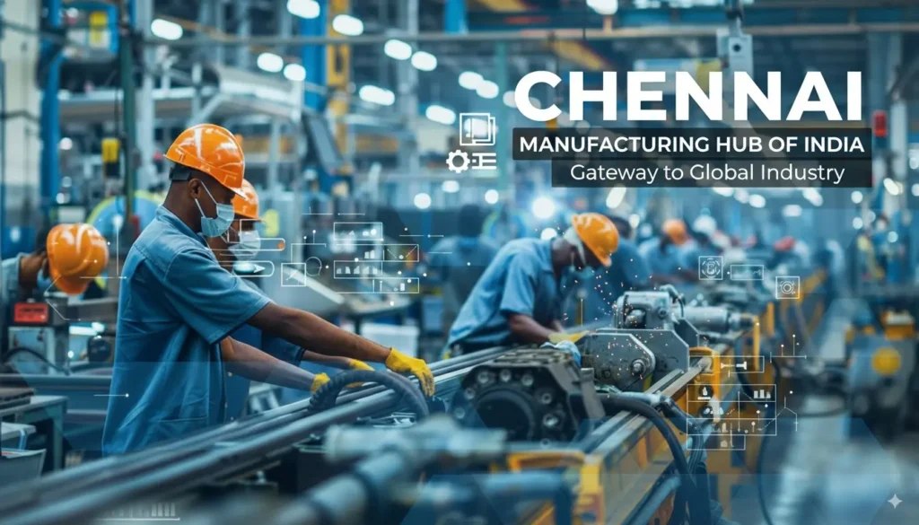 A dynamic cover image highlighting Chennai as India's manufacturing powerhouse, with workers diligently engaged on an assembly line, symbolizing the city's role as a gateway to global industry.