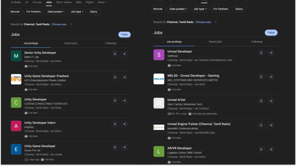 Google Search result showing ar vr , unity jobs in chennai 