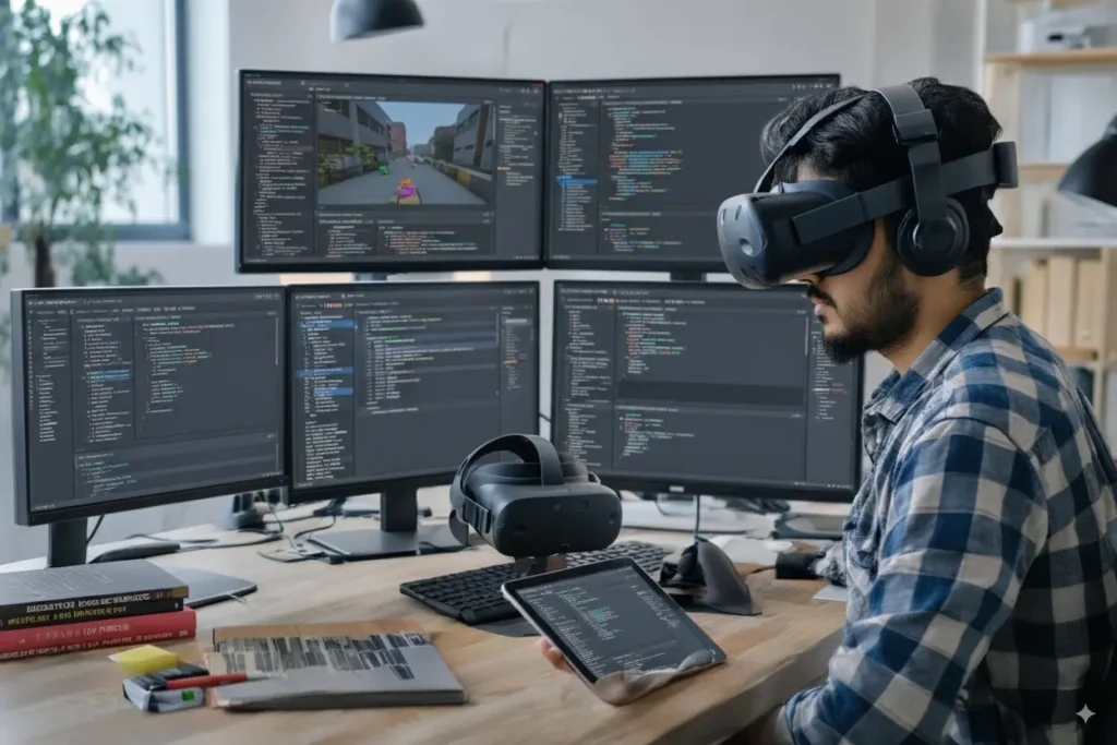 A side view of a man with a beard, wearing a plaid shirt and a virtual reality (VR) headset, sitting at a desk. He's working in a dark room with a five-monitor setup, each screen displaying different code and graphics related to VR/AR development. A VR headset is placed on the desk next to a tablet he holds in his hand